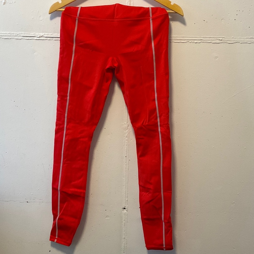Fabletics High-Waist Reddish Orange Leggings with White Stripes